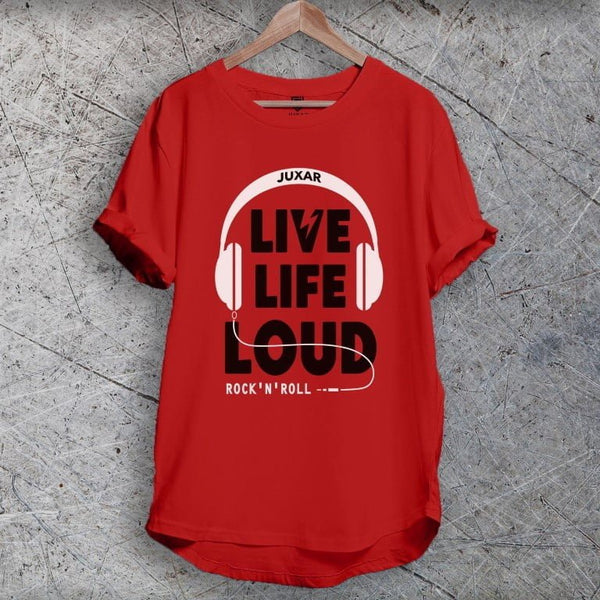 Juxar red sporty cotton longline tee with Live Life Loud headphone print and rolled sleeves