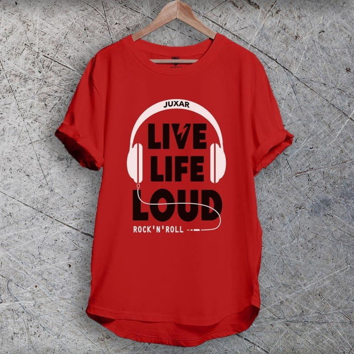 Juxar red sporty cotton longline tee with Live Life Loud headphone print and rolled sleeves