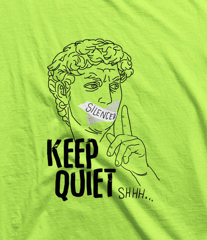 Juxar neon green statement art sando for men with Keep Quiet graphic and Silenced taped lips design