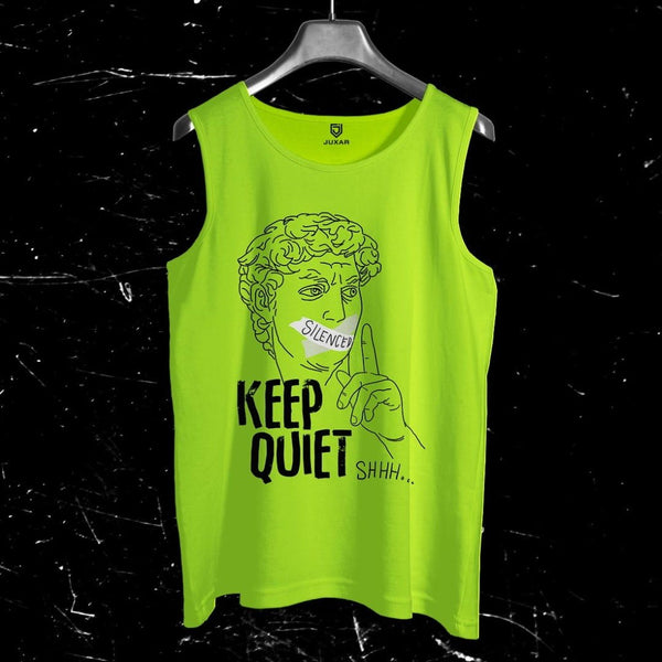 Juxar bright green statement art sando for men with silenced face and keep quiet graphic print