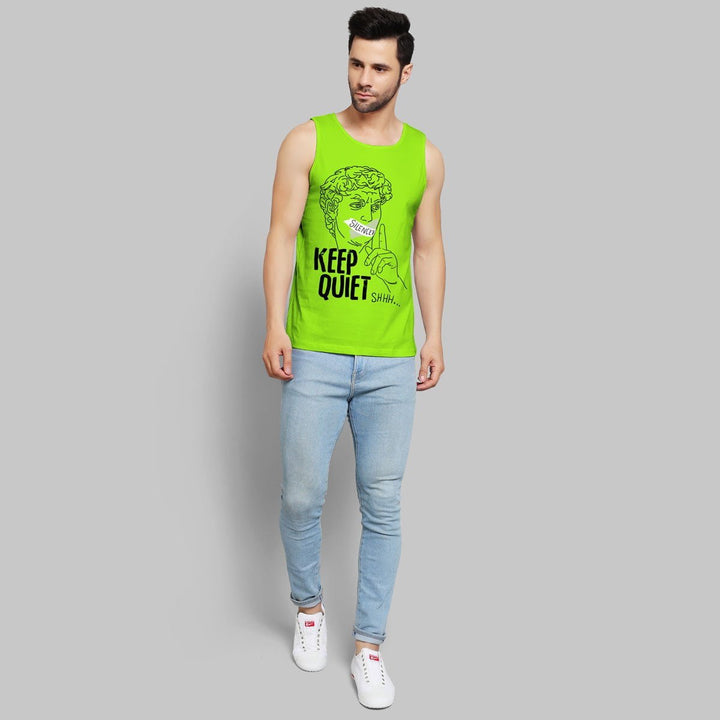 Juxar bright green statement art sando for men featuring a graphic face and keep quiet text