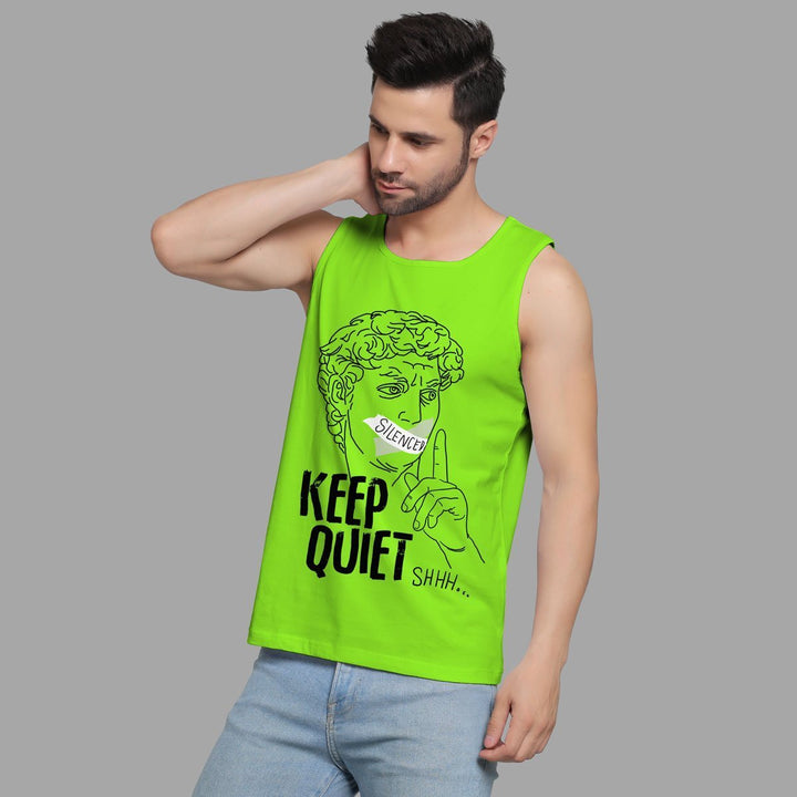 Juxar bright green statement art sando for men with Keep Quiet graphic and artistic face design