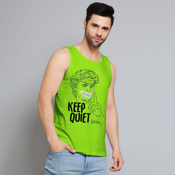 Juxar bright green statement art sando for men with keep quiet graphic and sleeveless design