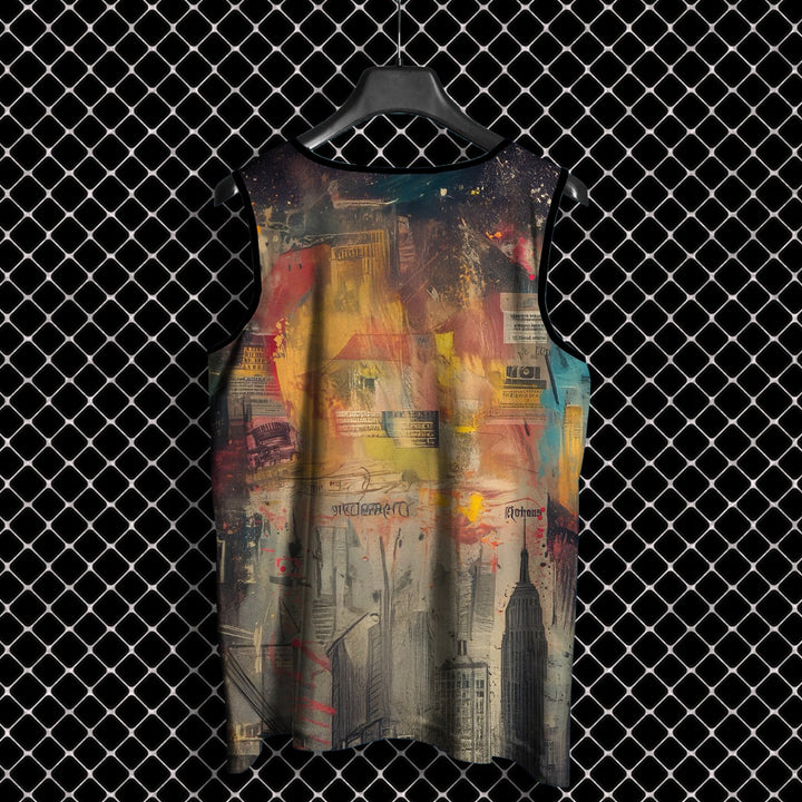 Juxar men's Statue of Liberty sando with colorful urban graffiti and cityscape design