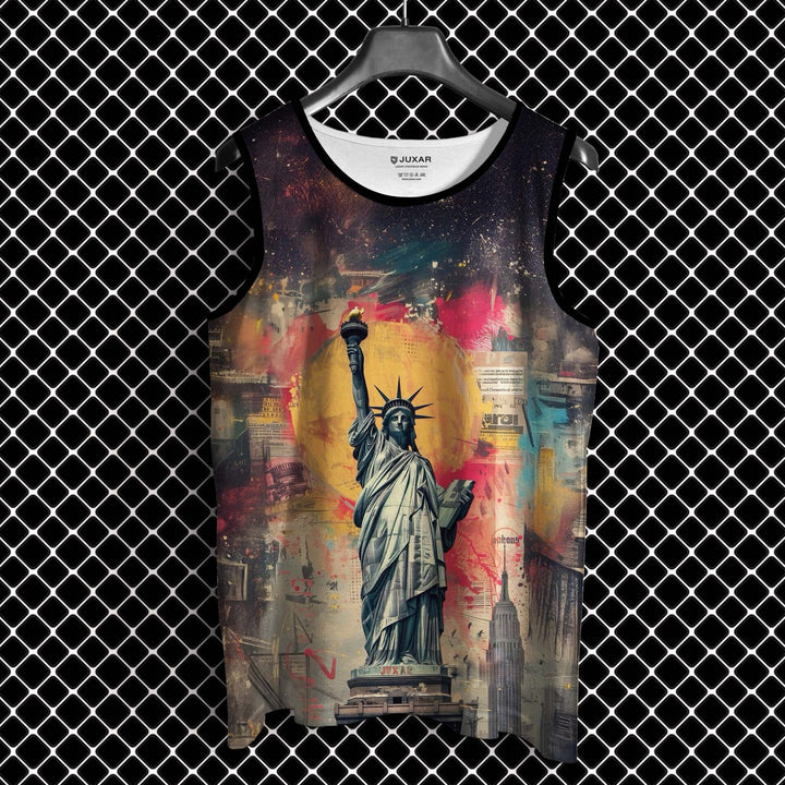 Juxar men's Statue of Liberty sando tank top with vibrant cityscape and sunset design