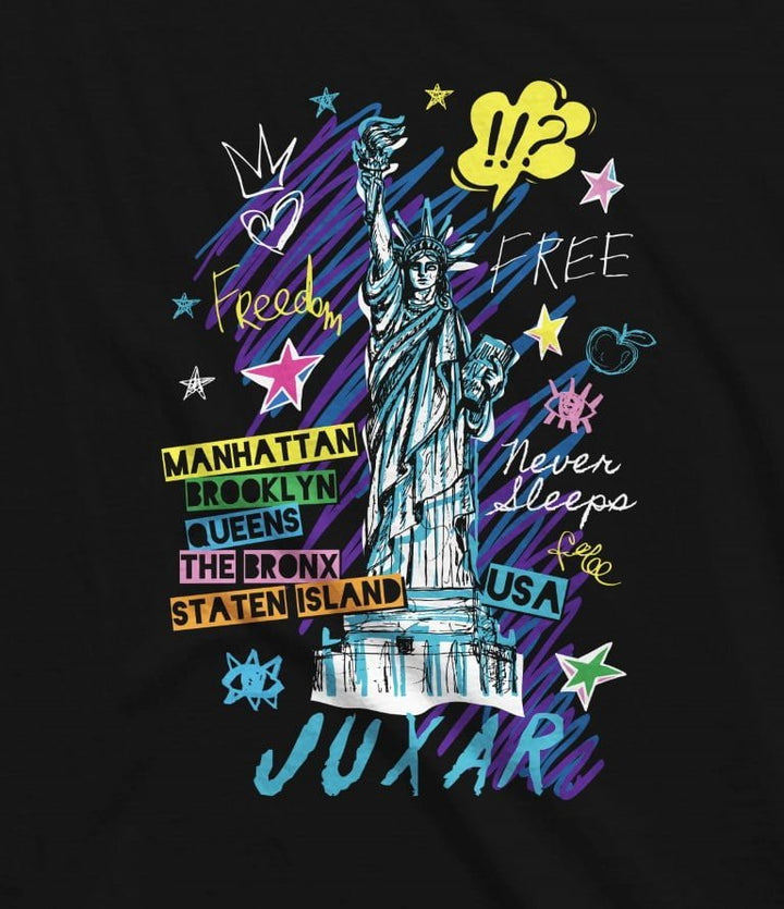 Juxar men's Statue of Liberty tank top with colorful graphic design featuring NYC boroughs and freedom theme