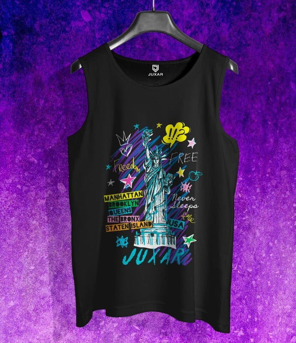 Juxar mens black Statue of Liberty tank top with colorful graphic print of New York boroughs and stars