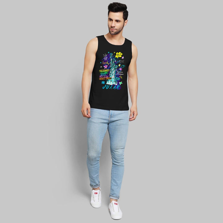 Juxar mens Statue of Liberty tank top in black with colorful graphic print paired with light blue jeans