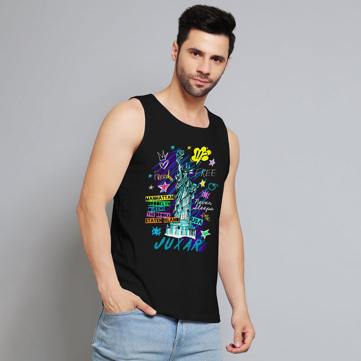 Men's black Statue of Liberty tank top by Juxar featuring colorful graphic design and text