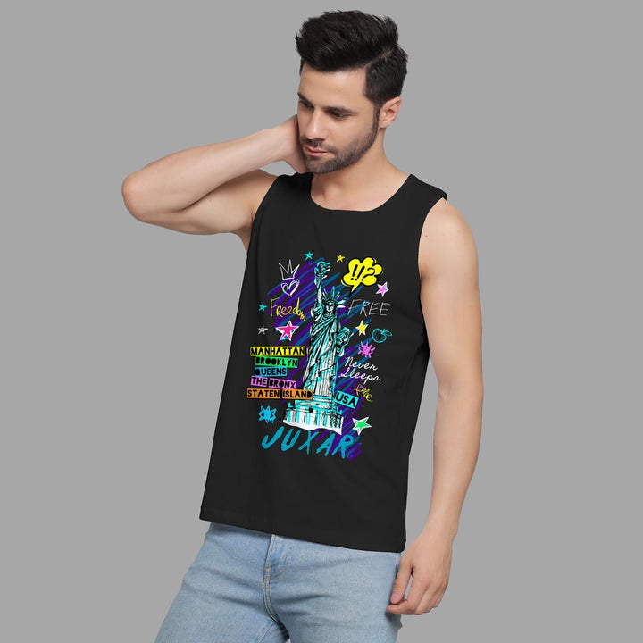 Juxar men's Statue of Liberty tank top in black with colorful graphic design