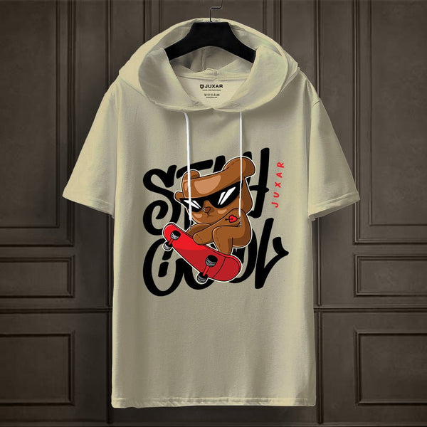 Juxar oversize hooded T shirt featuring cartoon bear with red skateboard print stay cool graphic hooded tee