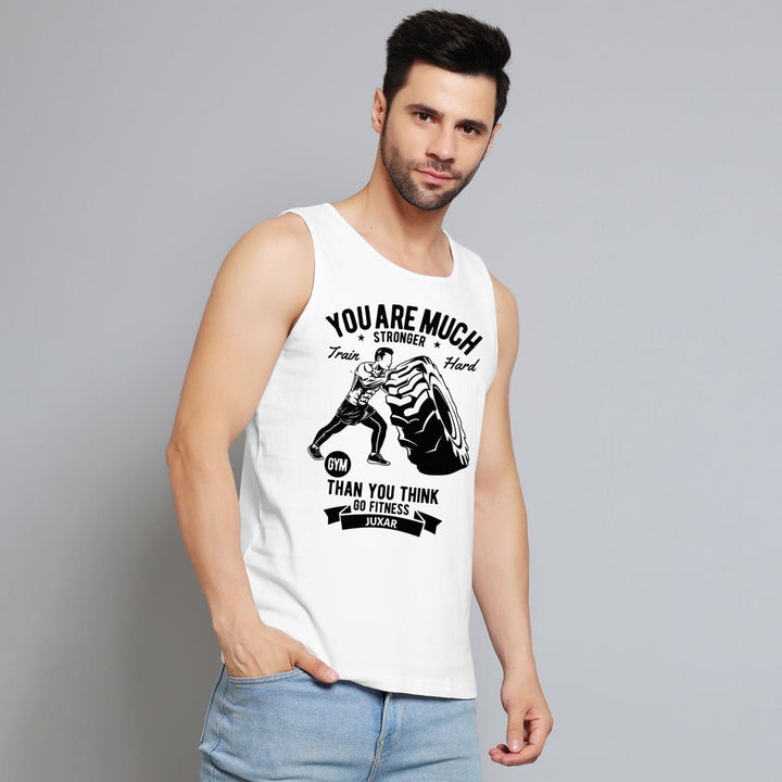 Juxar mens white tank top featuring motivational fitness graphic for street style fashion