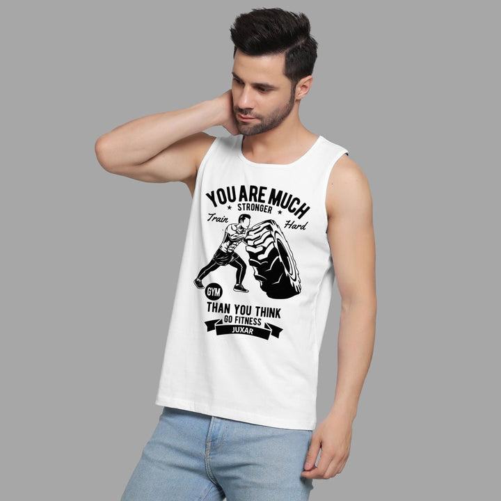 Juxar mens white sleeveless tank top featuring street style fashion gym and fitness graphic print