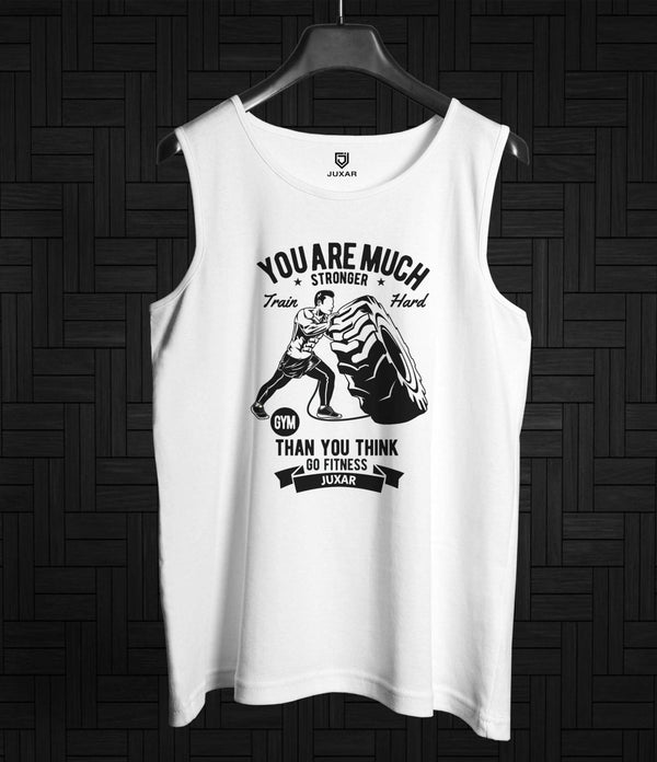 Juxar mens white sleeveless gym tank top featuring street style fashion motivational fitness print