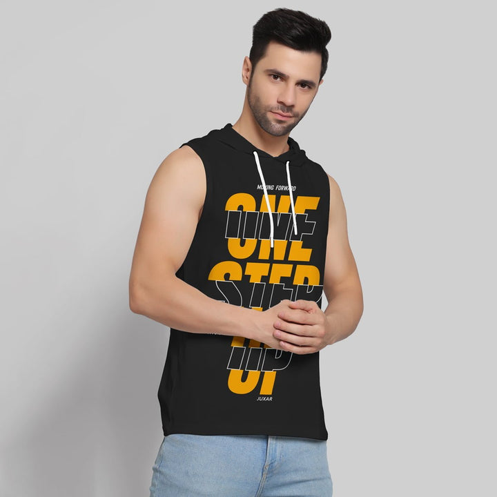 Juxar mens black hoodie tank top with bold yellow graphic print street style sleeveless design