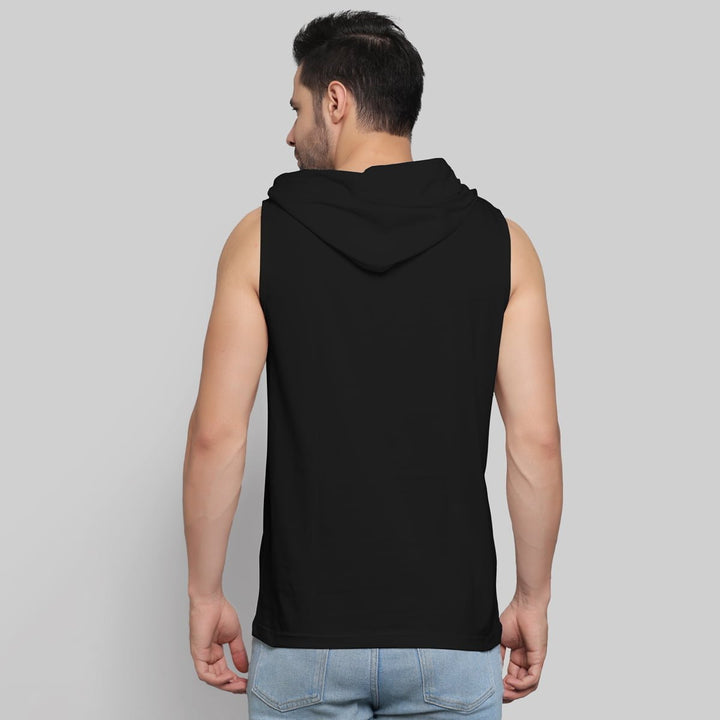 Juxar men's black street style sleeveless hoodie back view with hood and light blue jeans