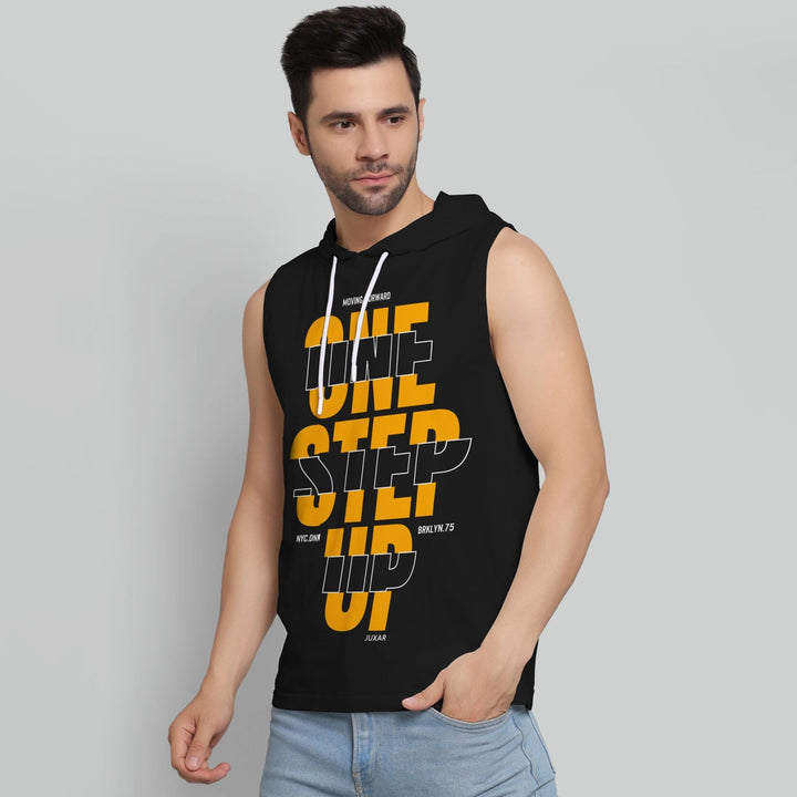 Juxar mens black street style sleeveless hoodie with bold yellow text design and drawstrings