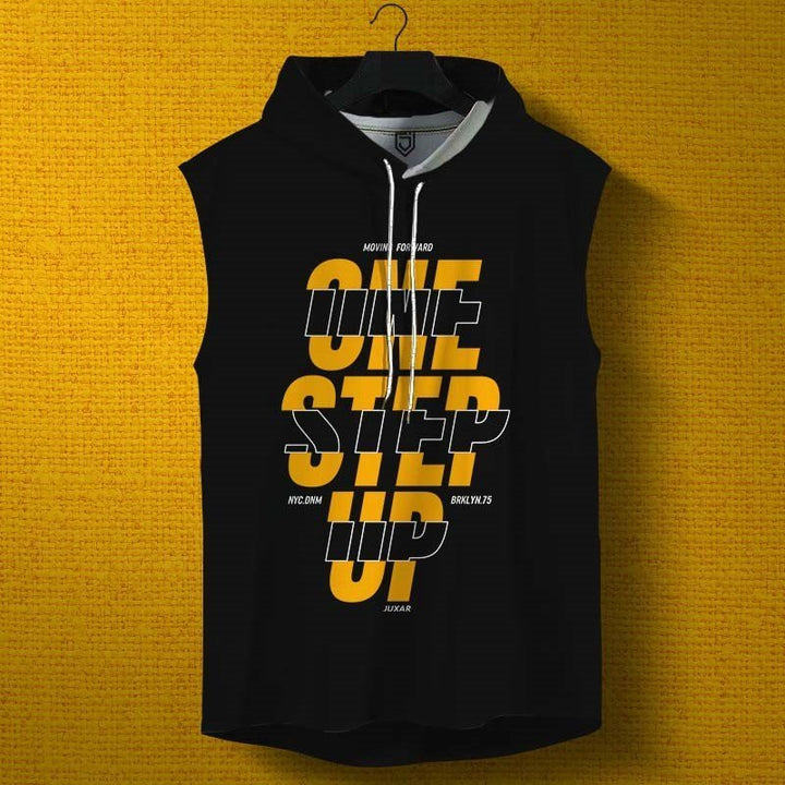 Juxar men's black street style sleeveless hoodie with bold yellow and white graphic print