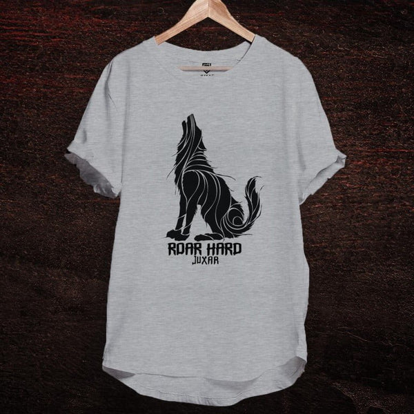 Juxar streetwear cotton longline tee gray with black howling wolf graphic and Roar Hard logo on front