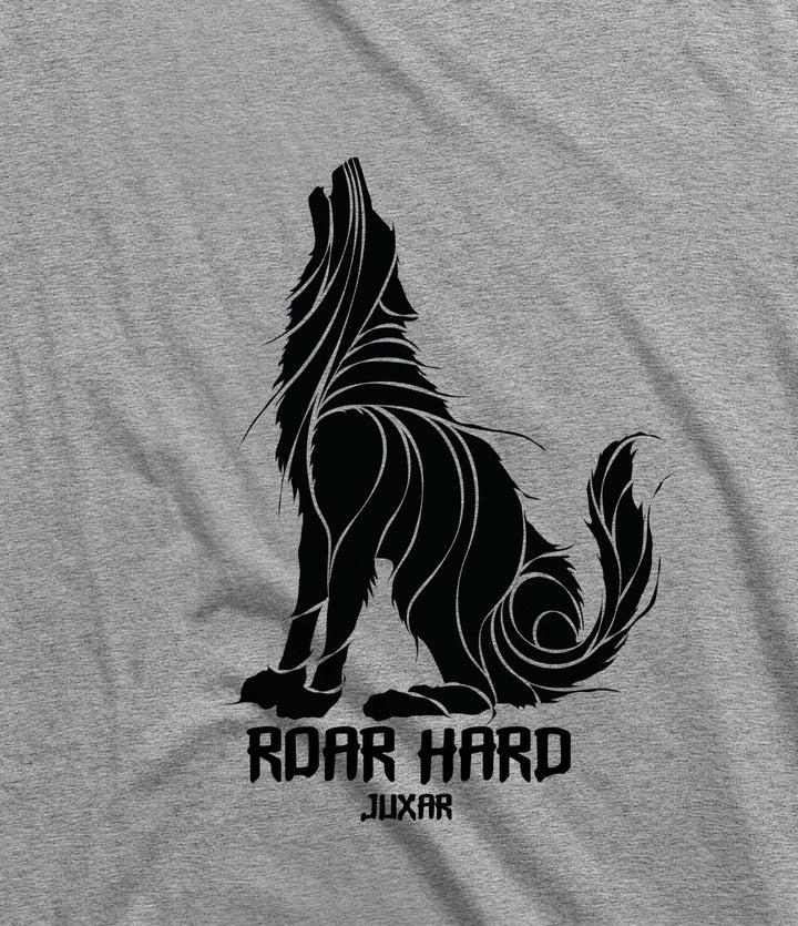 Juxar gray cotton longline tee with black stylized howling wolf graphic and Roar Hard text streetwear cotton longline tee