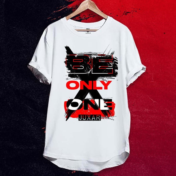 Juxar streetwear longline t shirt white cotton with black and red Be Only One graphic on hanger