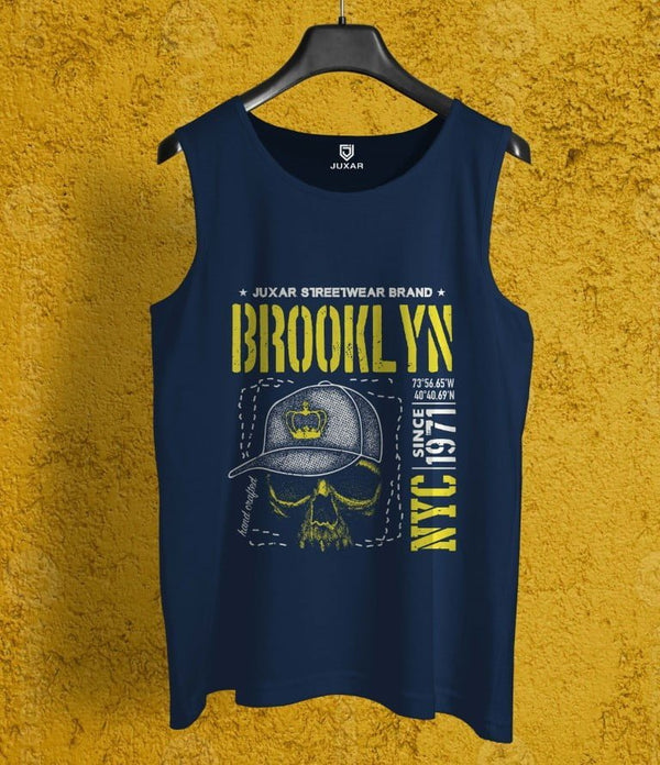 Juxar mens navy blue stretchable sando with Brooklyn skull and cap graphic design