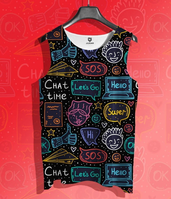 Juxar stretchable sando men with colorful chat and smiley doodle print on black fabric