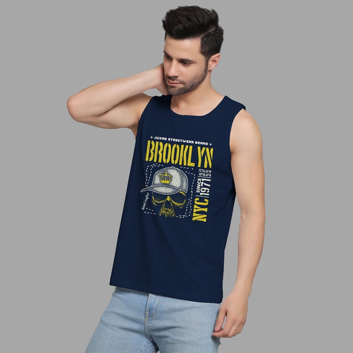 Juxar mens navy blue stretchable sando with Brooklyn skull graphic and sleeveless design