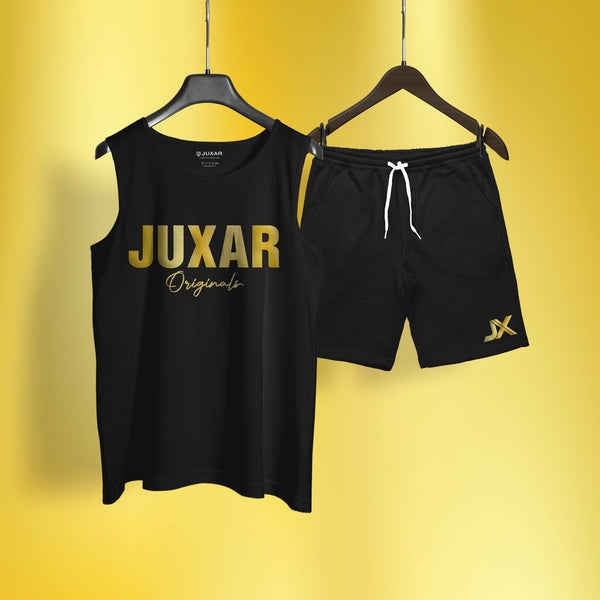 Juxar black sleeveless top and shorts stretchable two-piece set with gold logo details