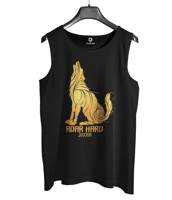 Juxar men's black tank top featuring a gold wolf graphic and text Roar Hard striped sando