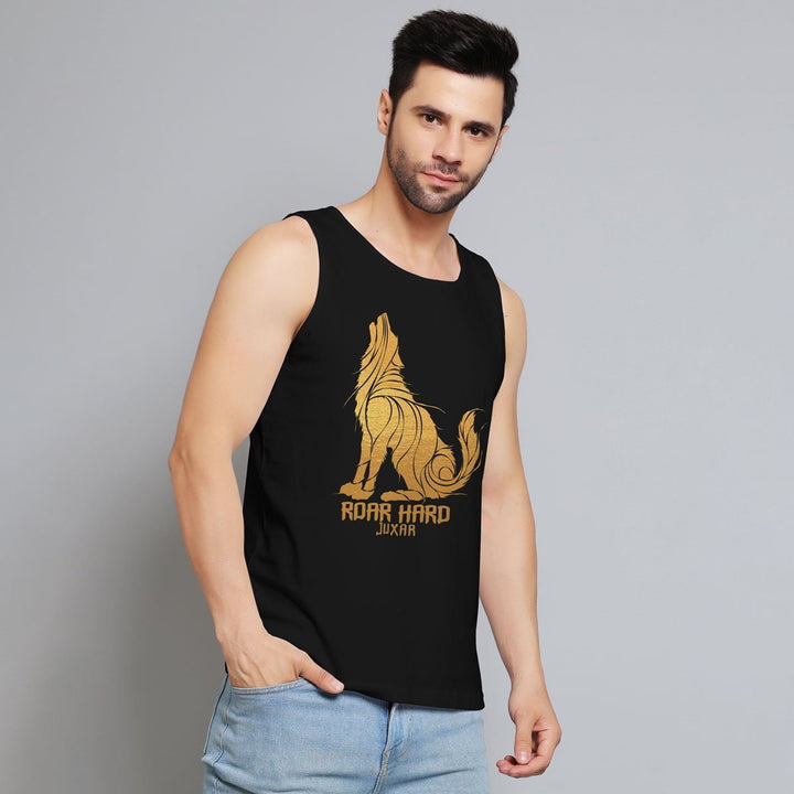 Juxar men's black striped sando with gold wolf graphic and Roar Hard text