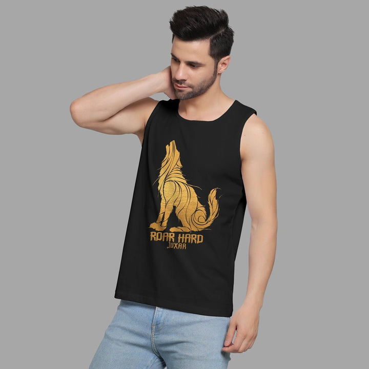 Juxar men's black sleeveless shirt with golden wolf graphic and Roar Hard text striped sando