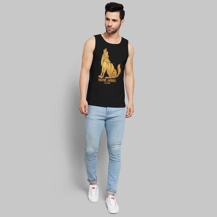 Juxar mens black sleeveless tank top with golden wolf graphic and text wearing striped sando style