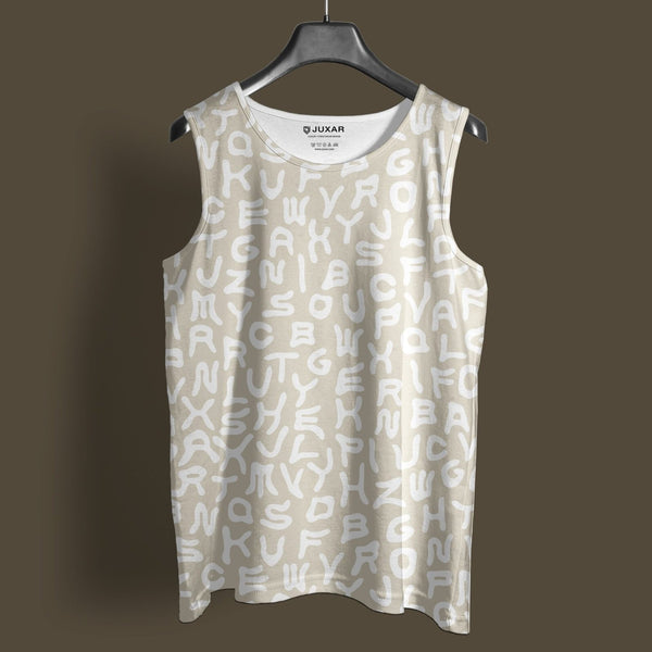 Juxar stylish men's vest for workout with white alphabet print on beige fabric sleeveless design