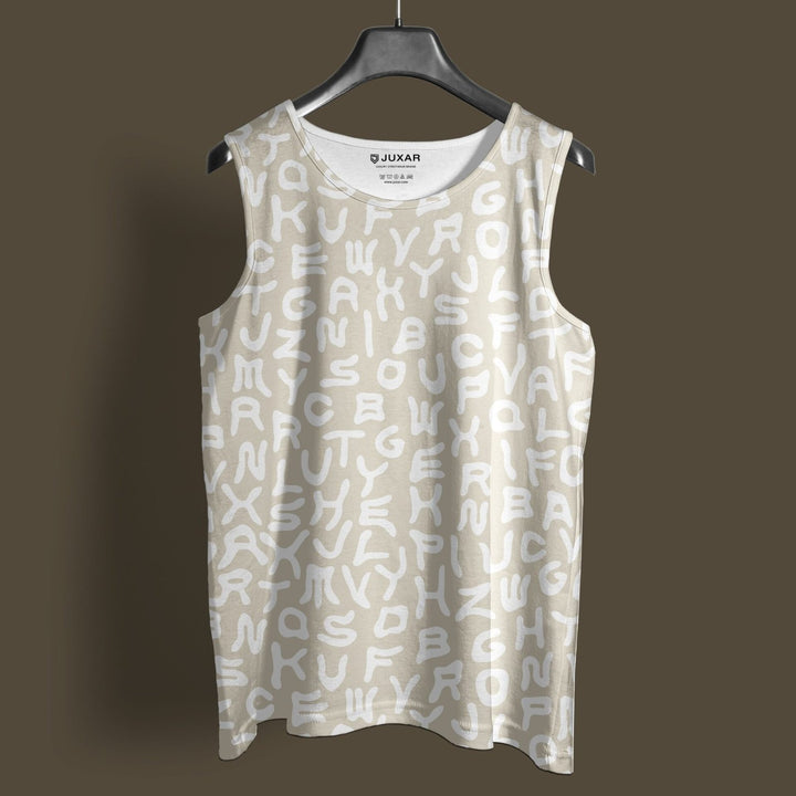 Juxar stylish men's vest for workout with white alphabet print on beige fabric sleeveless design