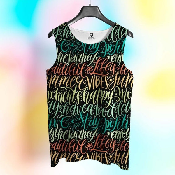 Juxar men's stylish printed sando with colorful positive word patterns on black fabric