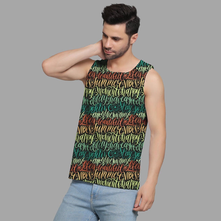 Juxar men's stylish printed sando with colorful summer-themed script design paired with light blue jeans