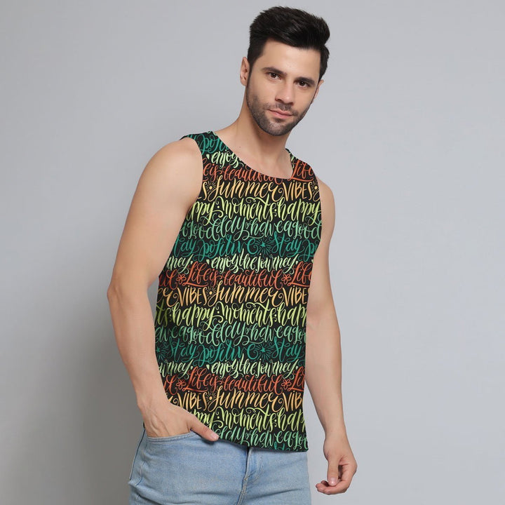 Juxar men's stylish printed sando with colorful script design worn with light blue jeans
