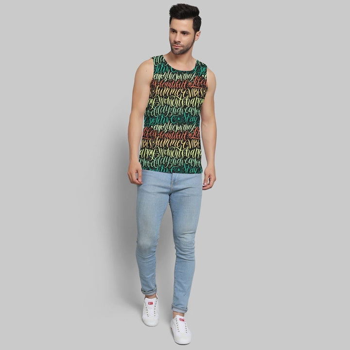 Juxar men's stylish printed sando with colorful letter design paired with light blue jeans and white sneakers