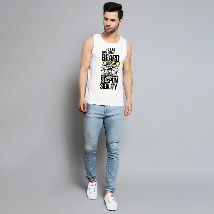 Juxar stylish sleeveless vest for boys in white with graphic print worn by male model