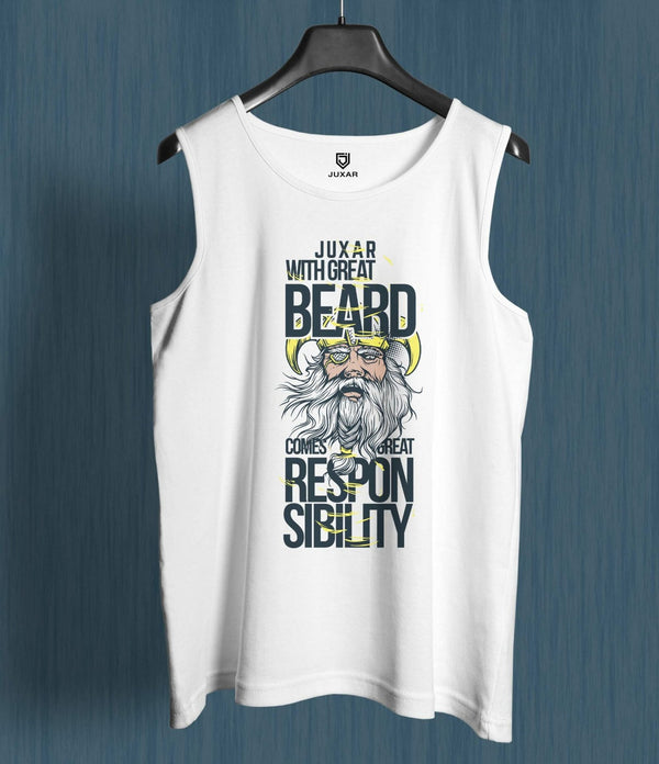 Juxar white stylish sleeveless vest for boys with graphic beard design and text print