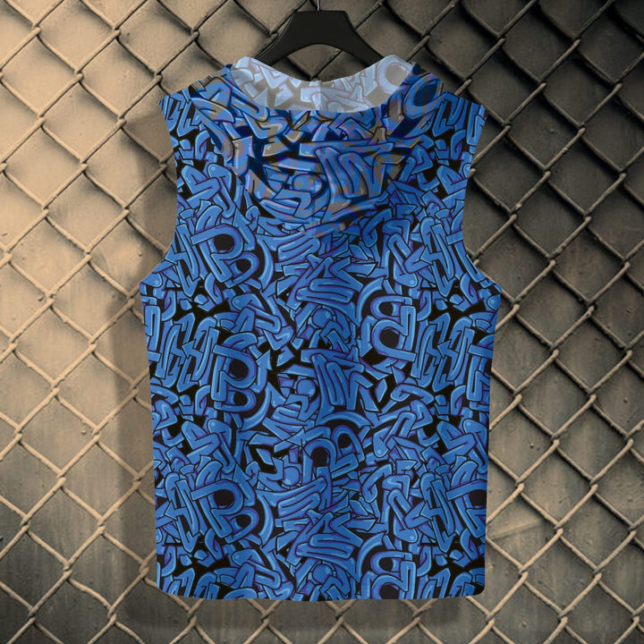 Juxar men's sleeveless summer gym hoodie with blue graffiti pattern and hood