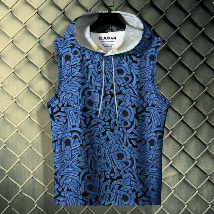 Juxar men's summer gym hoodie sleeveless blue with black graffiti pattern and hood