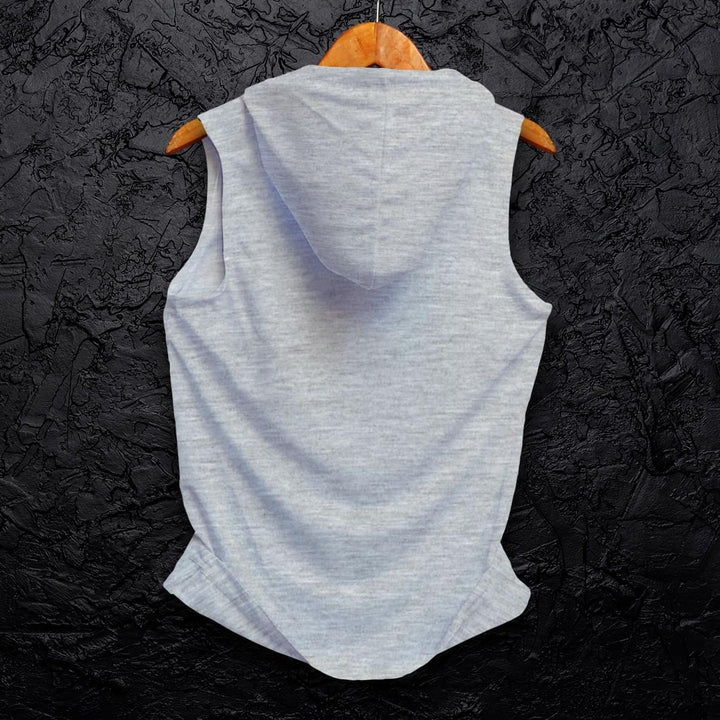 Juxar sleeveless gray summer hoodie for men displayed on wooden hanger against dark textured background