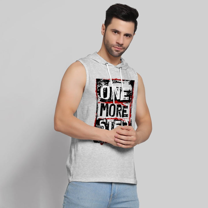 Juxar sleeveless summer hoodie for men in light gray with graphic print and adjustable drawstrings