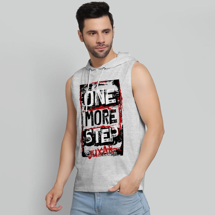 Juxar sleeveless summer hoodie for men in light gray with graphic print and drawstring hood