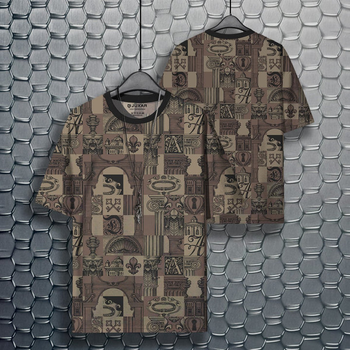 Juxar summer oversized printed t shirt in brown vintage architectural print with black collar shown front and back