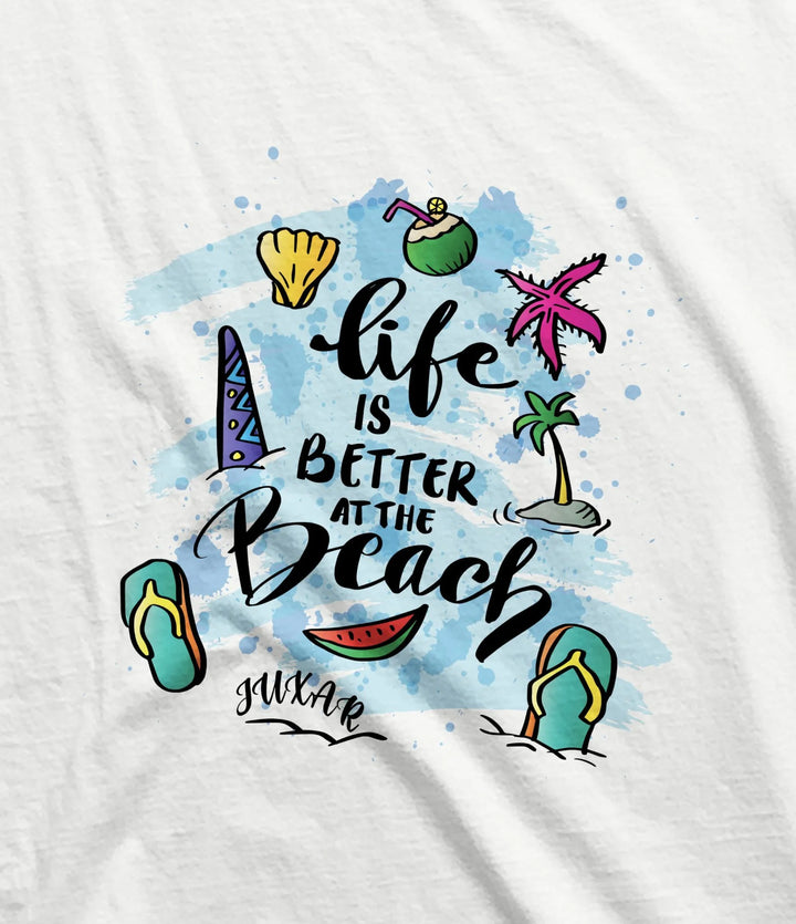 Juxar men's summer vacation beachwear white t-shirt with colorful beach-themed graphic design