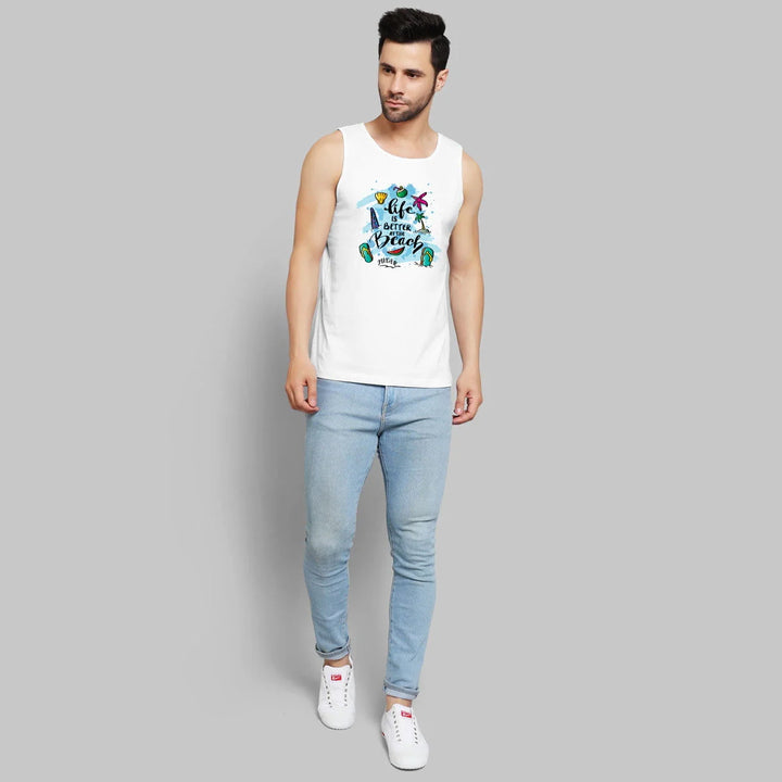 Juxar men's white sleeveless tank top with summer design paired with light blue jeans summer vacation beachwear