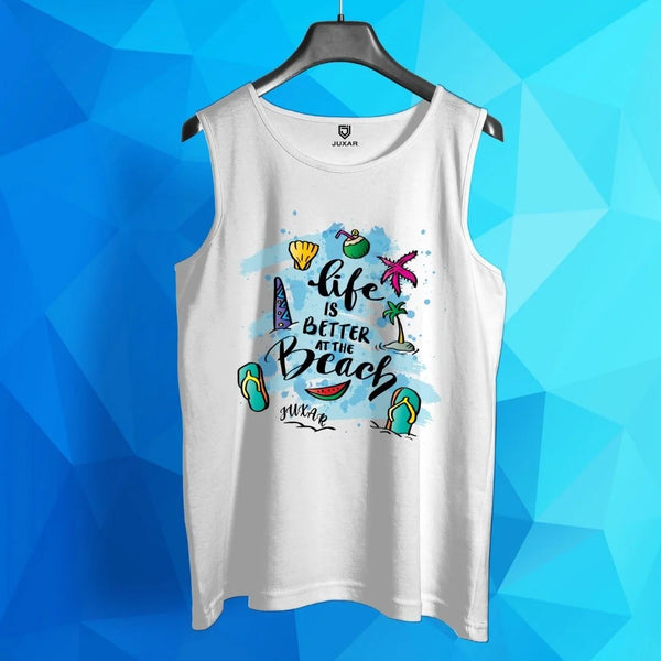 Juxar men's white tank top with summer vacation beachwear graphic and colorful beach icons